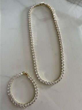 Gold Zircon Tennis Necklace and Bracelet Set